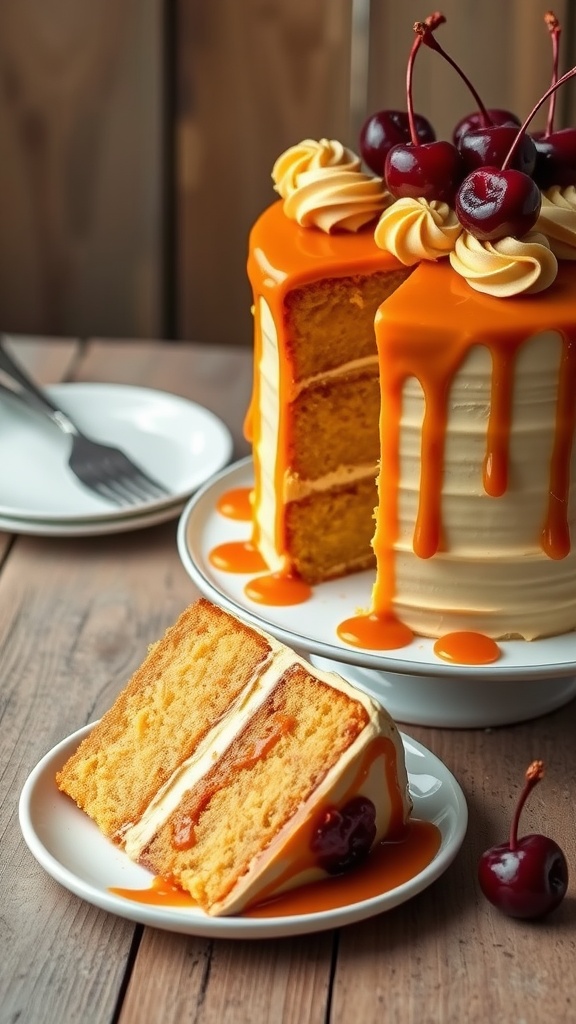 Rich bourbon caramel layer cake with caramel drizzles and decorative garnishes on a rustic wooden table.